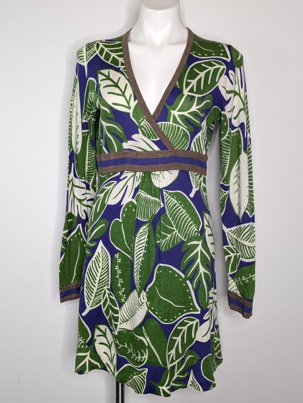 Boden Green Blue Long Sleeve Cotton Knit V Neck Sweater Dress S/M